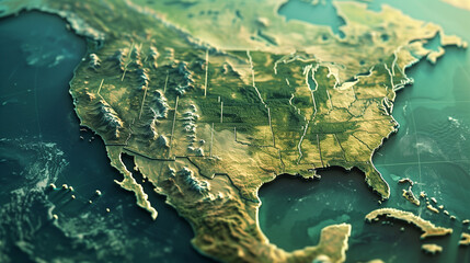 Topographic 3D map of United States with detailed terrain features. Stylized relief map showcasing mountains, coastlines, and state borders for the background of an american wallpaper