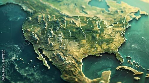 Topographic 3D map of United States with detailed terrain features. Stylized relief map showcasing mountains, coastlines, and state borders for the background of an american wallpaper