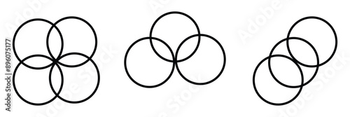 Pattern of overlapping arcs and circles, white line icons set vector illustration. Abstract rings intersect in creative geometric minimal texture, circular geometry subtle elements and frames overlap 