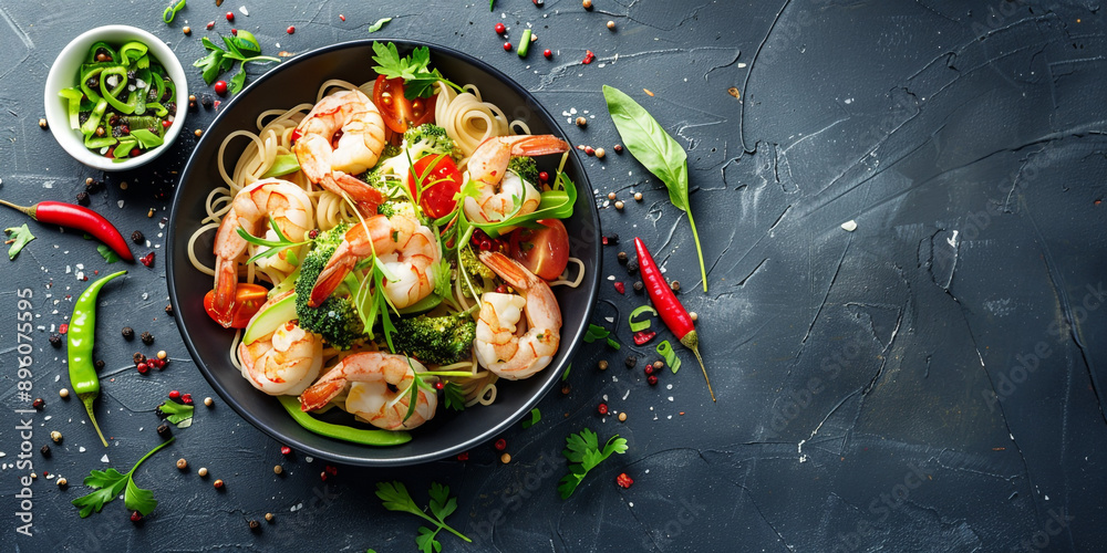 Stir fry noodles with vegetables and shrimp in a bowl. Dark slate background. Stir fry noodles with vegetables and shrimp in a bowl. Dark slate background.