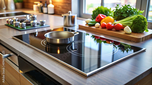 Modern kitchen countertop with induction hob and pan.