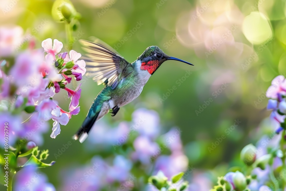 Fototapeta premium Ruby throated hummingbird hovering and feeding from pink flowers
