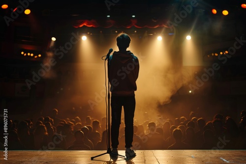 Young male public speaker standing on stage addressing crowd at night event photo