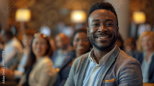 A black business man is smiling and standing in front of an audience at a conference