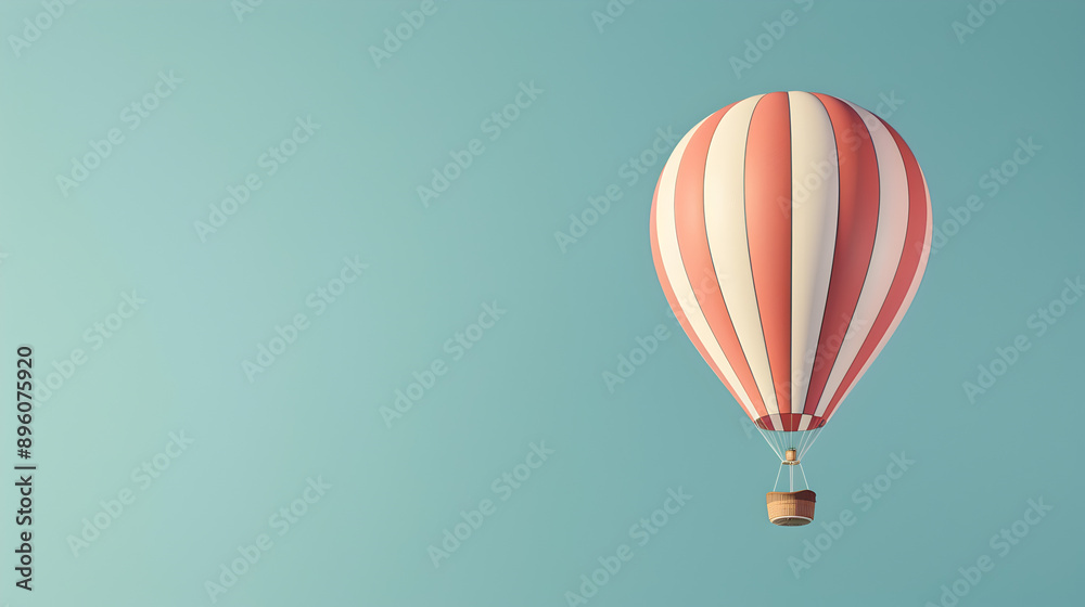 Fototapeta premium Floating Hot Air Balloon: A hot air balloon floating on a solid pale blue background.