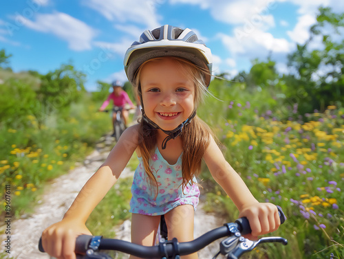 Caucasian little girl mountain biking with family on a Summer day, copy space