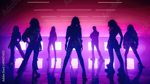 Female Kpop starts silhouette in neon lit stae background, South Korea asia k pop idols 