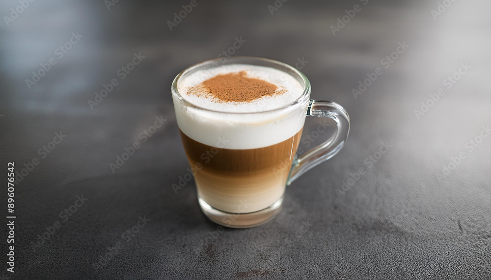 Glass cup of latte macchiato with frothy milk, coffee layers. Tasty hot drink on cement table. Glass cup of latte macchiato with frothy milk, coffee layers. Tasty hot drink on cement table.
