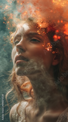 Young woman intense gaze framed fiery orange soft blue smoke captivating portrait