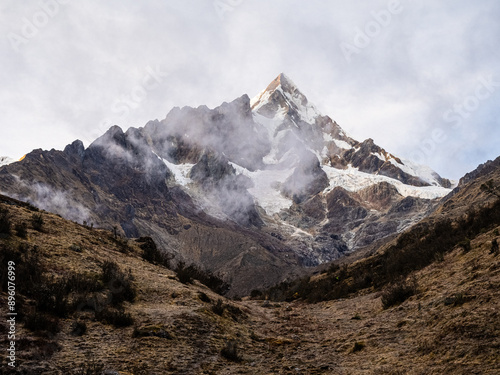 Close up of the snowcap peak of Salkantay Mountain.