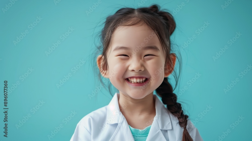 Portrait of a happy Asian little girl wearing a white doctor's coat and laughing isolated on a blue background with copy space Portrait of a happy Asian little girl wearing a white doctor's coat and laughing isolated on a blue background with copy space