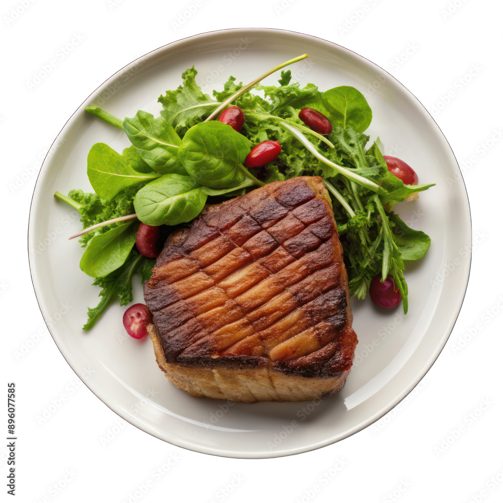 Medium rare steak with green salad on white plate isolated on transparent background Medium rare steak with green salad on white plate isolated on transparent background