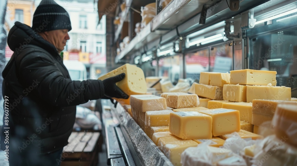 Worker unloading fresh cheese blocks at an outdoor market with a truck in the background Worker unloading fresh cheese blocks at an outdoor market with a truck in the background