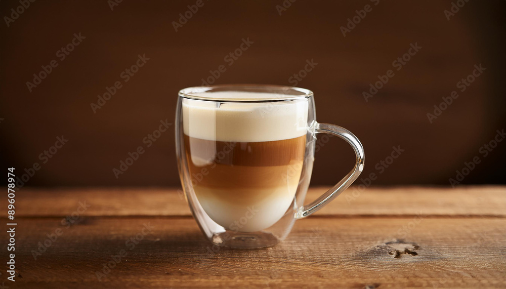Latte macchiato in glass cup, coffee and milk layers. Tasty hot drink on wooden table. Close-up
