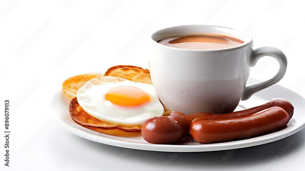 a breakfast set consisting of a plate with fried eggs, ham, and sausages. a breakfast set consisting of a plate with fried eggs, ham, and sausages.