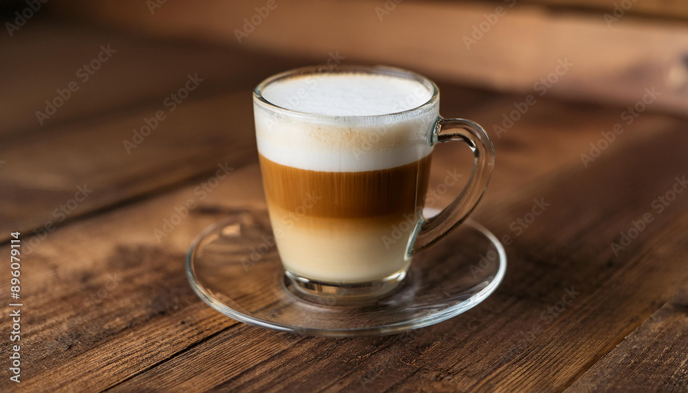 Latte macchiato in glass cup, coffee and milk layers. Tasty hot drink on wooden table. Close-up Latte macchiato in glass cup, coffee and milk layers. Tasty hot drink on wooden table. Close-up
