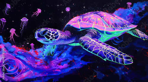 Hypnotic sea turtle floating through a vibrant cosmic sea photo