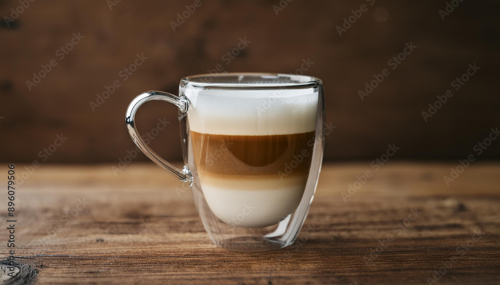 Latte macchiato in glass cup, coffee and milk layers. Tasty hot drink on wooden table. Close-up Latte macchiato in glass cup, coffee and milk layers. Tasty hot drink on wooden table. Close-up