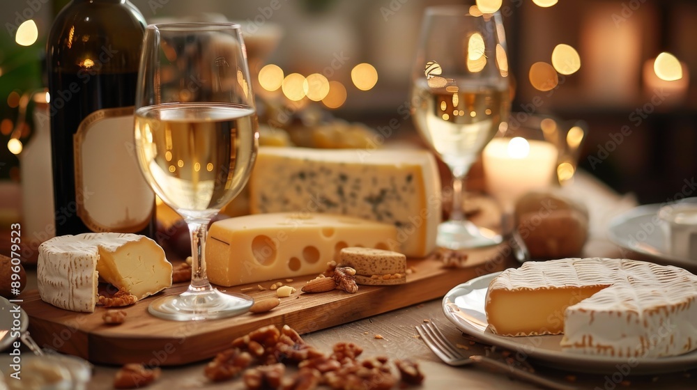 Cheese pairing with wine on a beautifully set table with romantic lighting and delicious variety