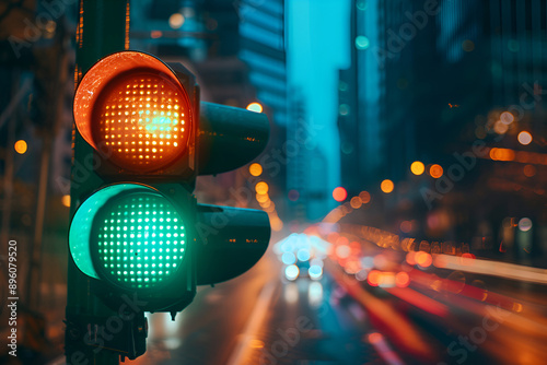 Traffic light showing green and yellow on a busy street