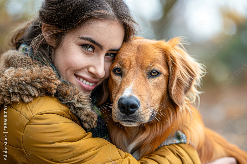Joyful Woman Embracing Her Beloved Pet Outdoors in a Park