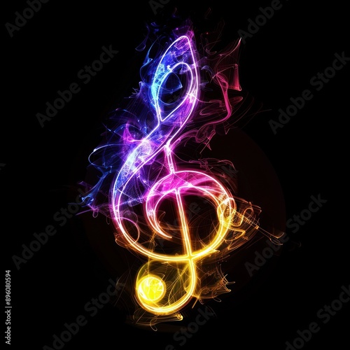 Dynamic neon treble clef with colorful light effects photo
