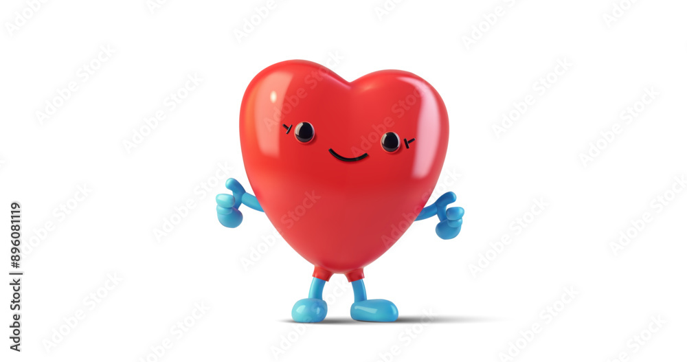 A cute 3D illustration of a red heart character with a smiling face, blue arms, and legs, giving a thumbs-up. This cheerful mascot is ideal for promoting love, health, and positivity. Vector A cute 3D illustration of a red heart character with a smiling face, blue arms, and legs, giving a thumbs-up. This cheerful mascot is ideal for promoting love, health, and positivity. Vector