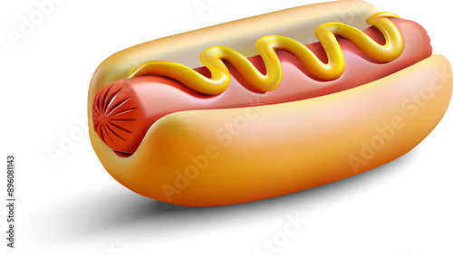 A realistic 3D illustration of a hot dog with mustard on a bun, isolated on a white background. Perfect for food-related designs and advertising. Vector