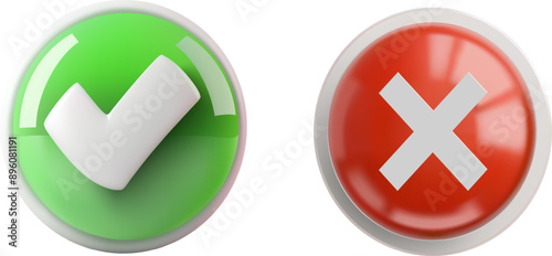 A 3D illustration of a green check mark and a red cross symbol on round buttons, isolated on a transparent background. Perfect for indicating approval and rejection in various designs.