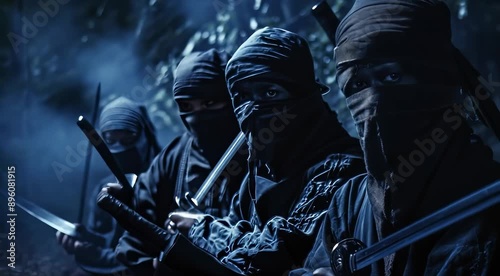 Three ninjas in a misty forest, dressed in traditional black outfits, hold katanas ready for action.