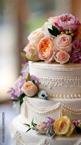 Elegant Wedding Cake with Delicate Floral Detail: A close-up of a three-tiered wedding cake adorned with delicate floral arrangements, showcasing the beauty and intricate details of a classic wedding 