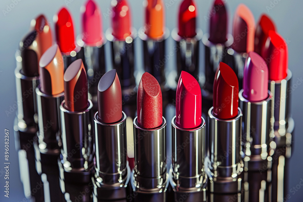 Lipsticks. Many different colors. Women's beauty. Glass surface. Advertising style photo. Close-up view Lipsticks. Many different colors. Women's beauty. Glass surface. Advertising style photo. Close-up view