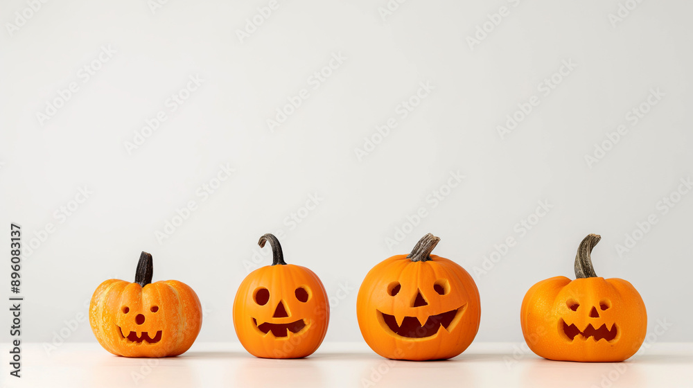 A row of four Halloween pumpkins, each with its unique carving, sits against a clean white background, highlighting the festive creativity and artistry of pumpkin carving.