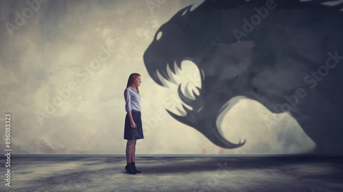 A woman stands in front of a wall as a shadow of a terrifying monster looms over her, symbolizing her inner fears and battling emotions. photo