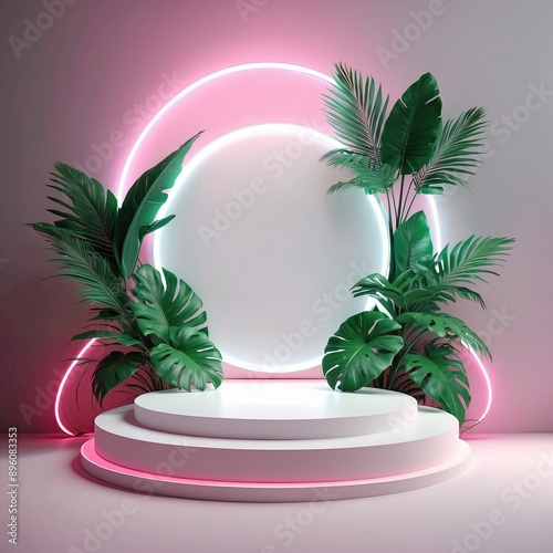 Beauty white 3D podium backdrop with neon light and tropical palm leaves