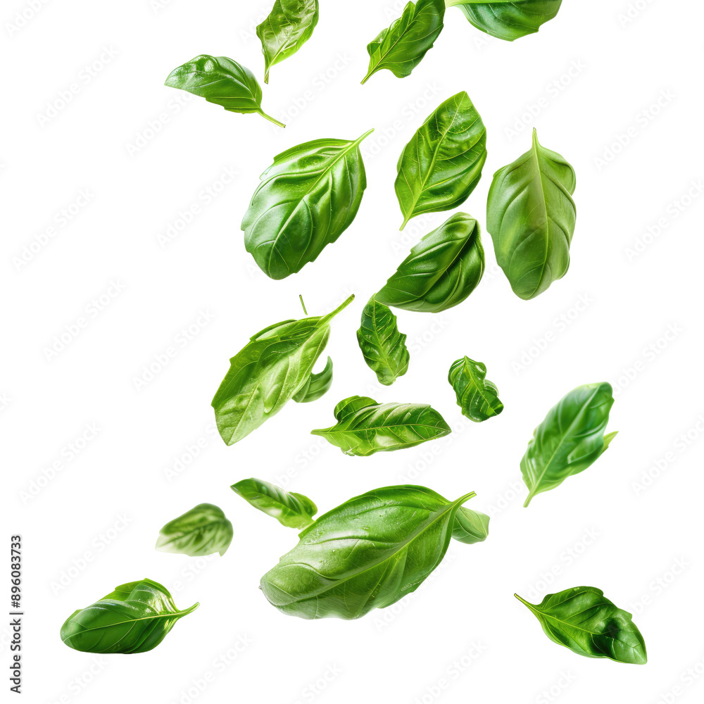 Falling basil leaves isolated on white background