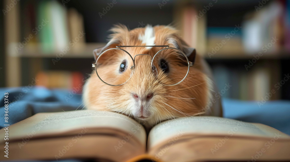 This heartwarming image features an adorable guinea pig wearing glasses, resting on an open book, and appearing intellectual and curious as it immerses in its reading. This heartwarming image features an adorable guinea pig wearing glasses, resting on an open book, and appearing intellectual and curious as it immerses in its reading.