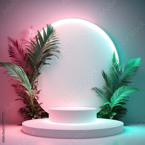 Beauty white 3D podium backdrop with neon light and tropical palm leaves