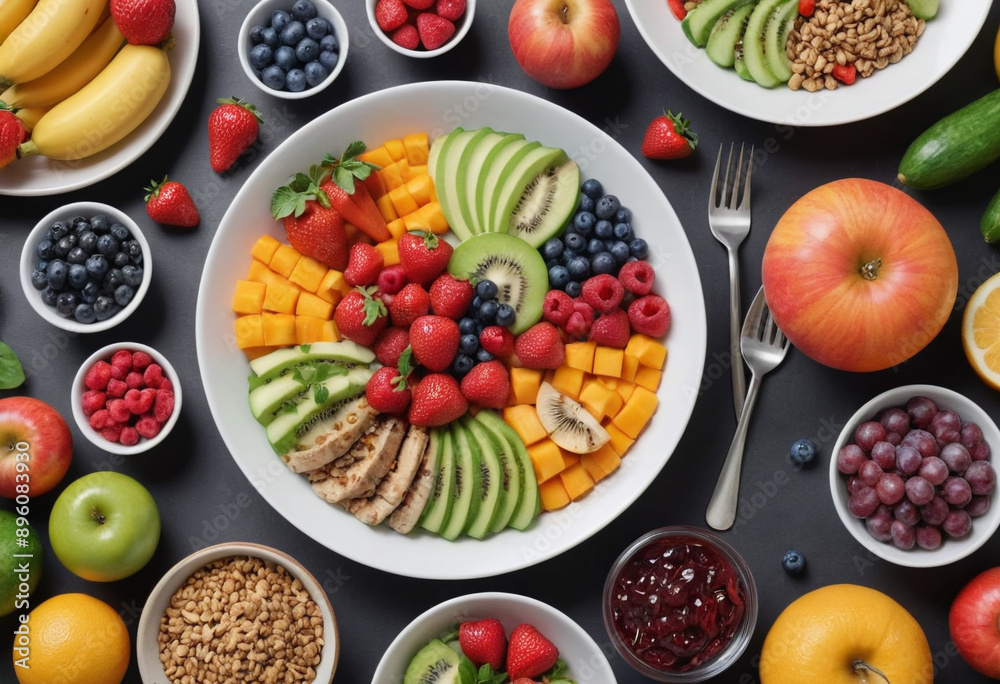  Close-up photo of a healthy meal with colorful fruits and vegetables 