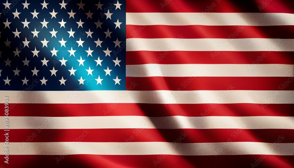 Naklejka premium Close-up of the American flag waving in sunlight, highlighting its stars and stripes, symbolizing patriotism and national pride.
