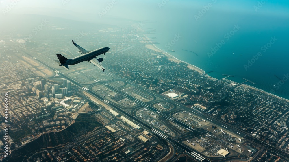 Obraz premium A large jet is flying over a city with a clear blue sky