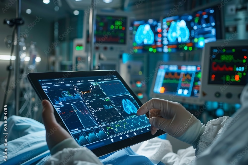 Digital healthcare doctor uses tablet for system analysis and medical examination in surgery room Digital healthcare doctor uses tablet for system analysis and medical examination in surgery room