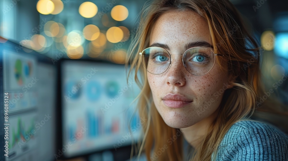A young female analyst wearing glasses, with a freckled face, is focused in front of computer monitors displaying charts and graphs in a modern office environment. A young female analyst wearing glasses, with a freckled face, is focused in front of computer monitors displaying charts and graphs in a modern office environment.