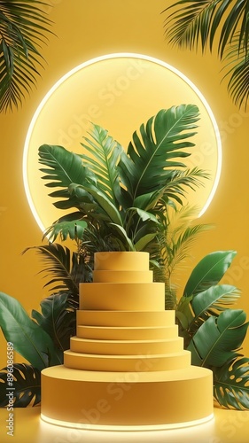 Beauty yellow 3D podium backdrop with neon light and tropical palm leaves