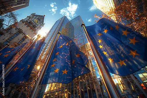 EU Flags Waving at the European Parliament Building