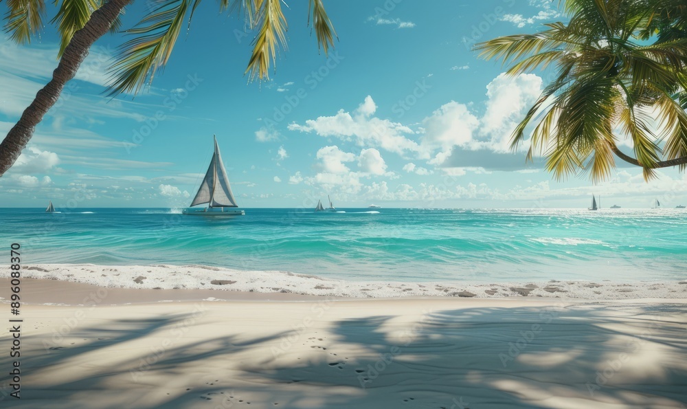 Calm of a tropical beach, powdery white sands kissed by turquoise waves. Palms sway in a gentle breeze against a backdrop of clear skies and distant sailboats Calm of a tropical beach, powdery white sands kissed by turquoise waves. Palms sway in a gentle breeze against a backdrop of clear skies and distant sailboats