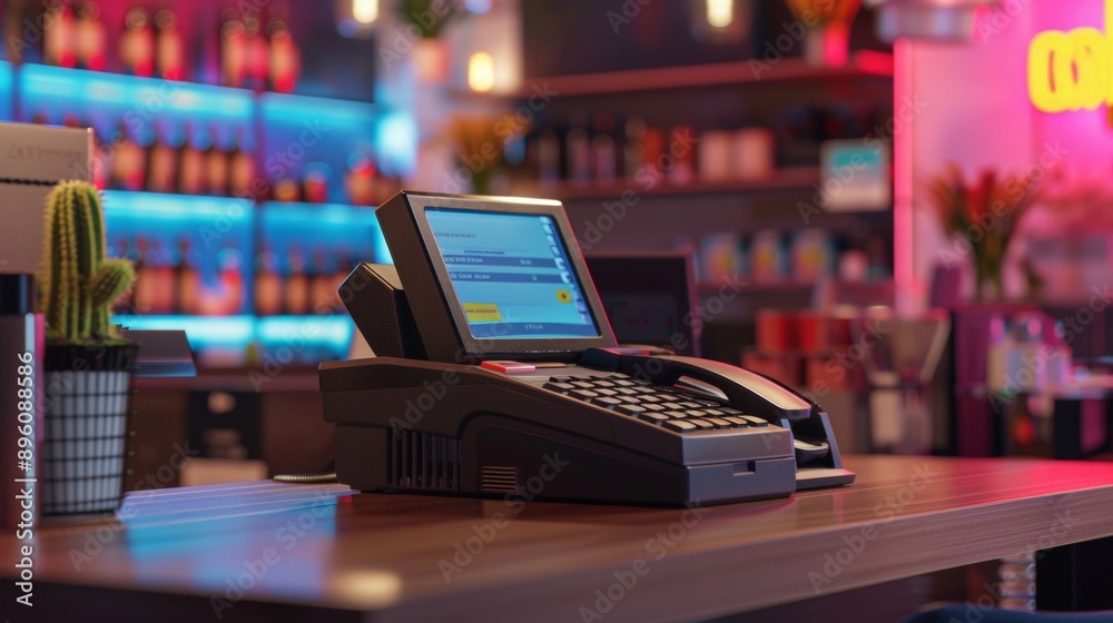 updated cash register with screen on a table or bar in a premises updated cash register with screen on a table or bar in a premises