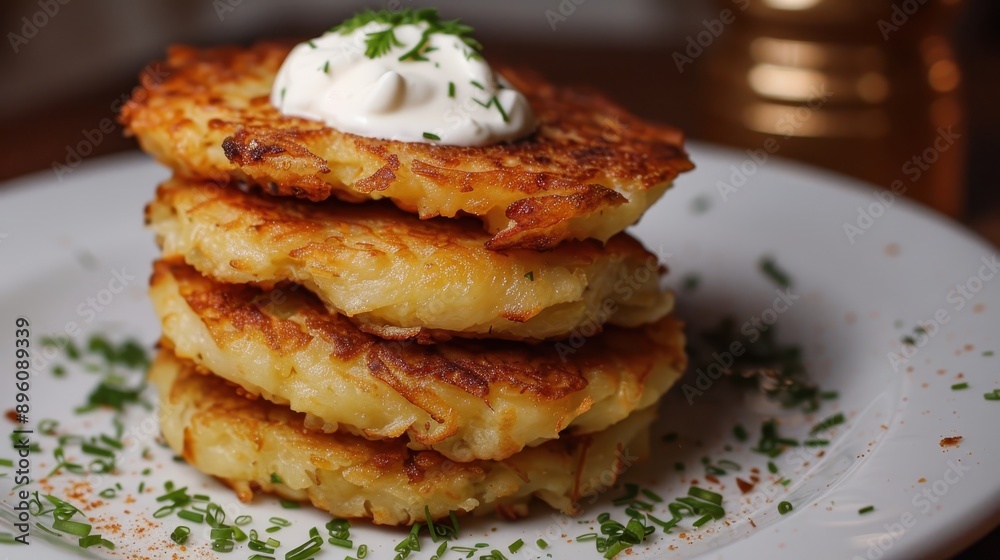 Stack of potato pancakes, garnished with sour cream, chives, and paprika, presented on a white plate Stack of potato pancakes, garnished with sour cream, chives, and paprika, presented on a white plate