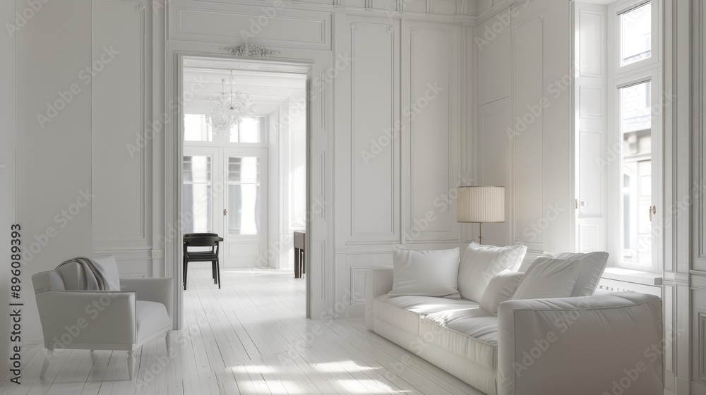 Modern, minimalist living room with white walls, white furniture, and wooden flooring. The room is well-lit with natural light, and there is a view of a hallway leading to another room Modern, minimalist living room with white walls, white furniture, and wooden flooring. The room is well-lit with natural light, and there is a view of a hallway leading to another room