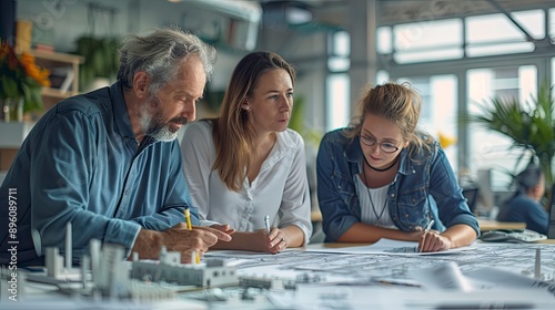 A group of architects in a bright, spacious office, examining blueprints and 3D models of a building project. They are deeply engaged in discussion, demonstrating the power of collaboration in design.